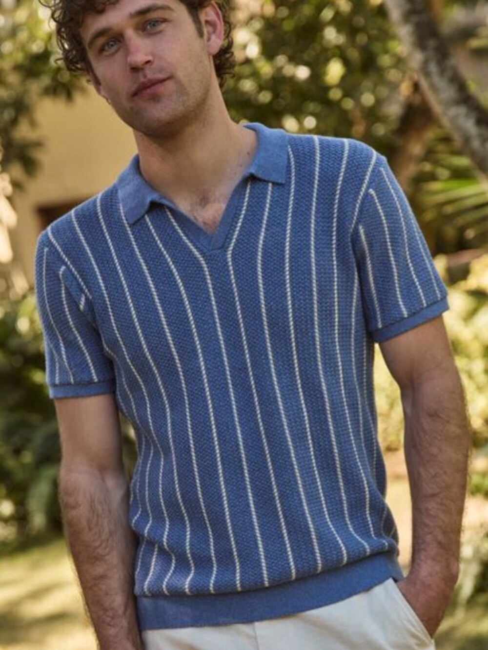 MBX Premium Goods Men's Blue Textured Polo Vertical Stripe Conrad